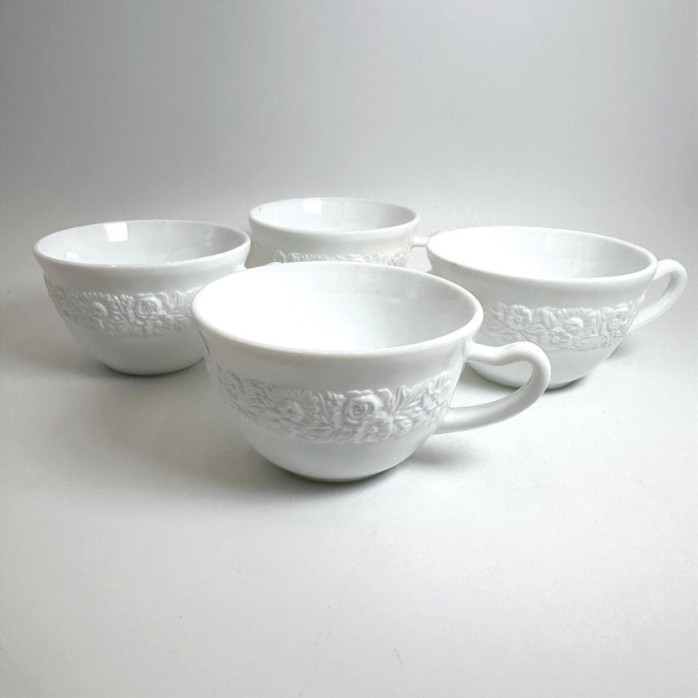 Vtg Hocking Vitrock Milk Glass Cups White Floral Embossed Set of‎ 4 Depression
